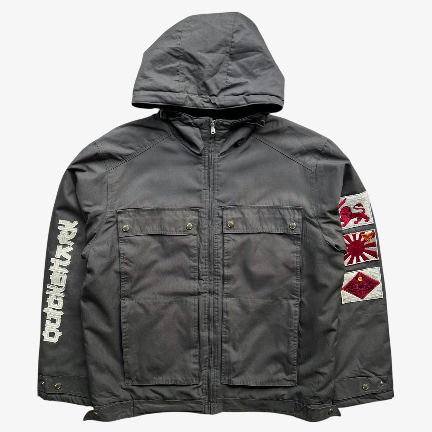 Men's vintage Y2K Quickshark special aircraft supply grey utility jacket with back spell out.