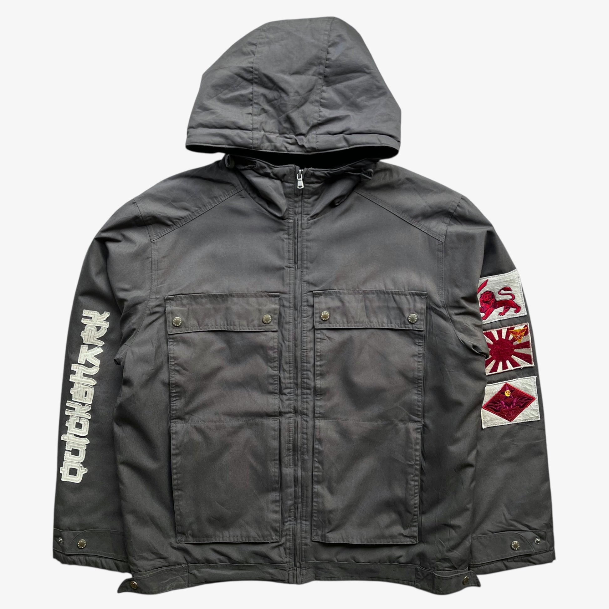 Men's vintage Y2K Quickshark special aircraft supply grey utility jacket with back spell out.