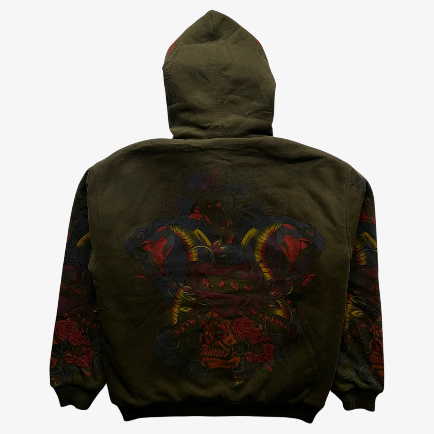 Back of vintage Y2K men's Really Point cobra snake double sided print green hooded jacket.