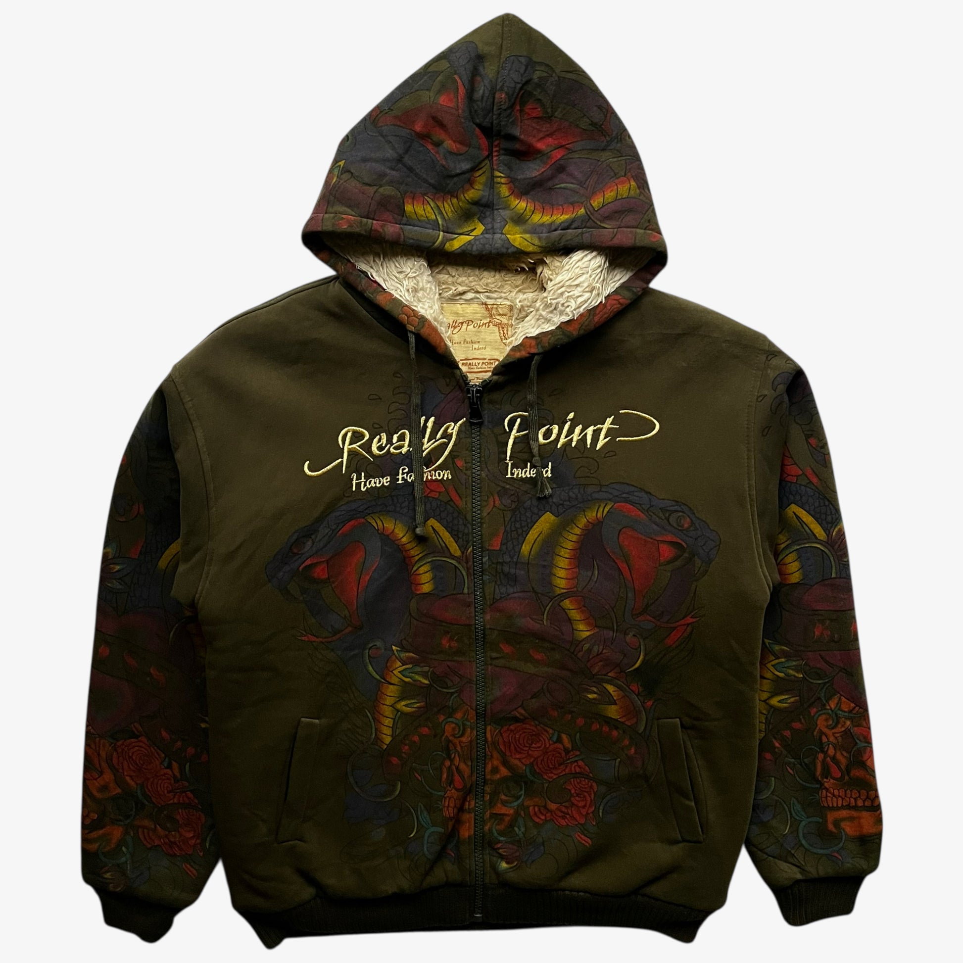 Vintage Y2K men's Really Point cobra snake double sided print green hooded jacket.