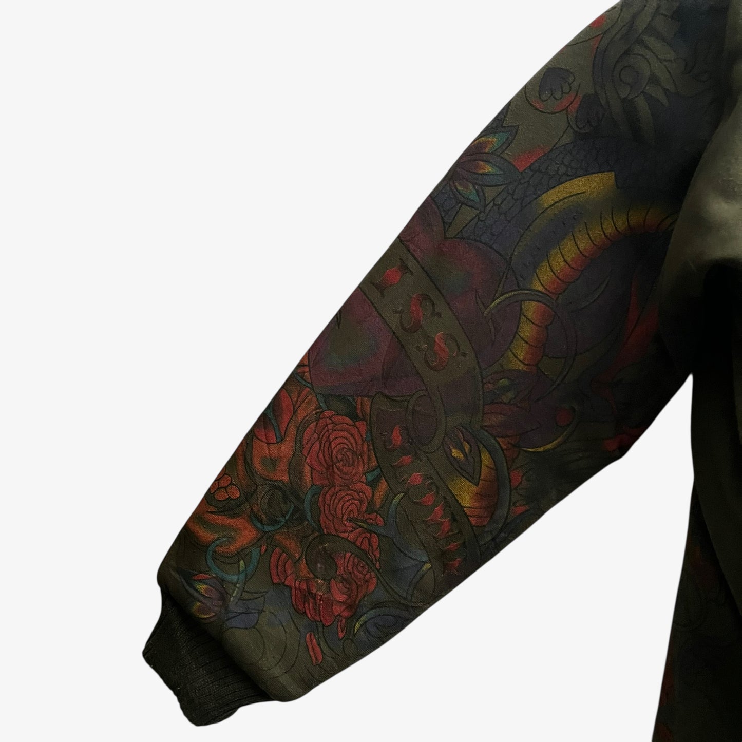 Heart pattern on the sleeve of vintage Y2K men's Really Point cobra snake double sided print green hooded jacket.