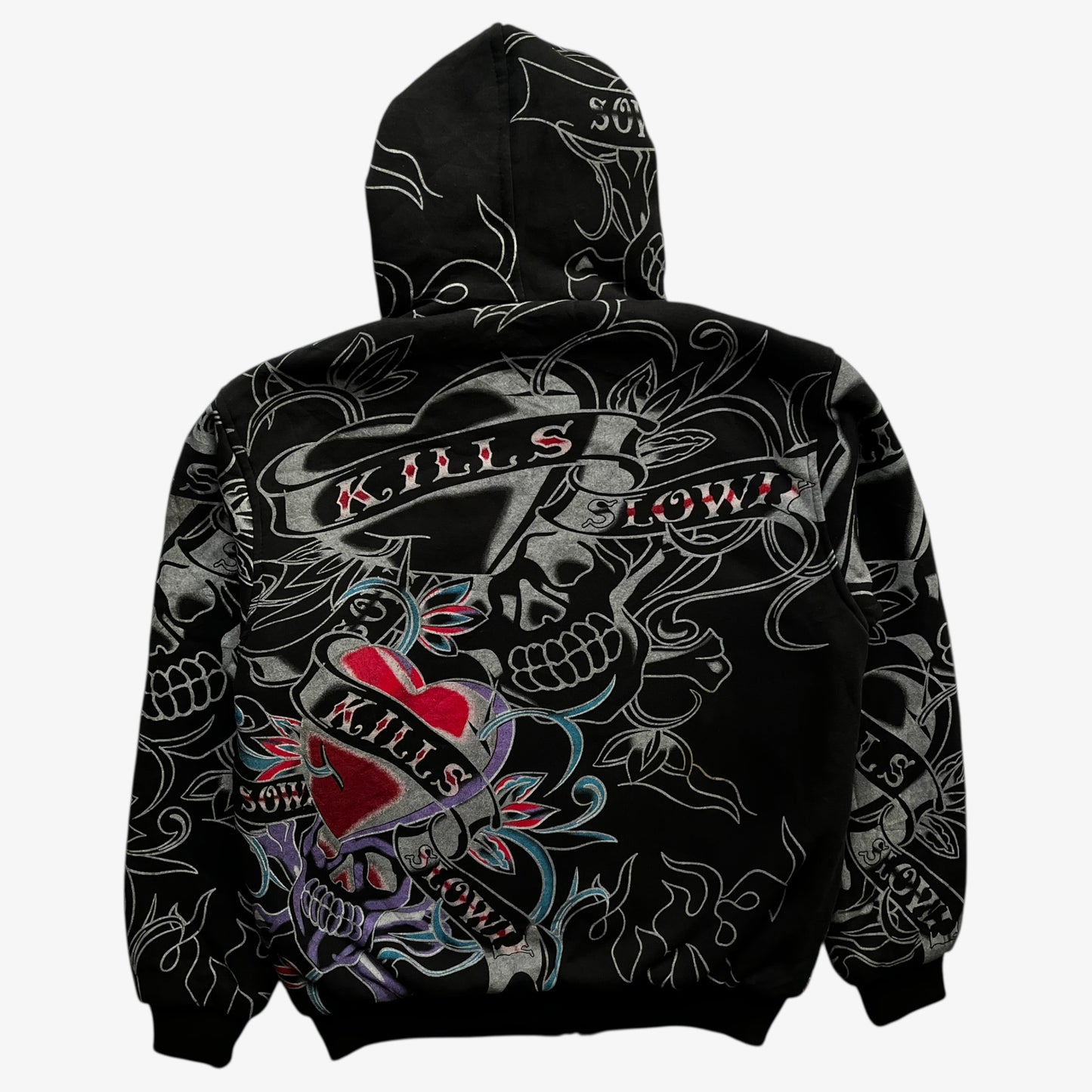Back of vintage Y2K men's Really Point love kills skull double sided print black jacket.