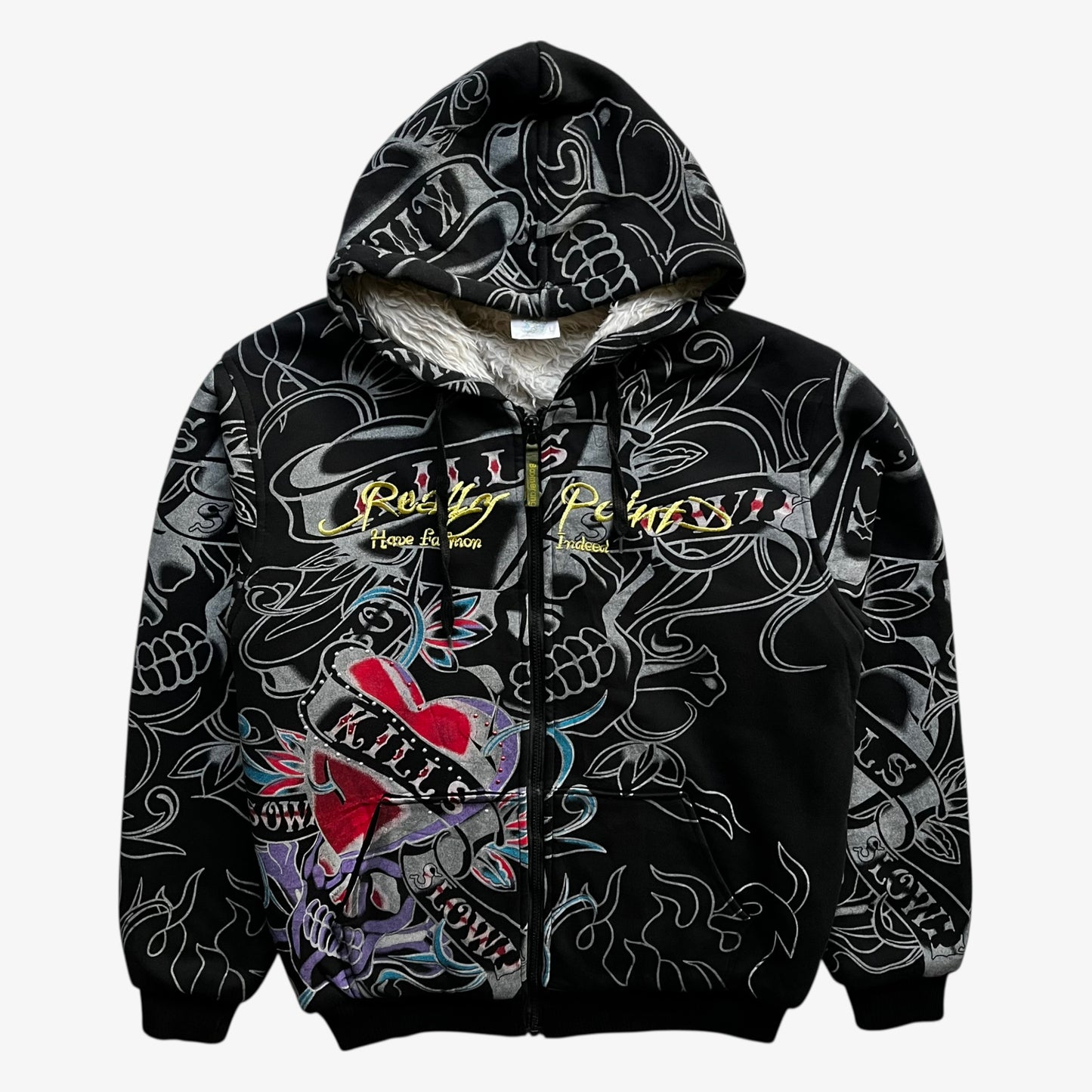 Vintage Y2K men's Really Point love kills skull double sided print black jacket.