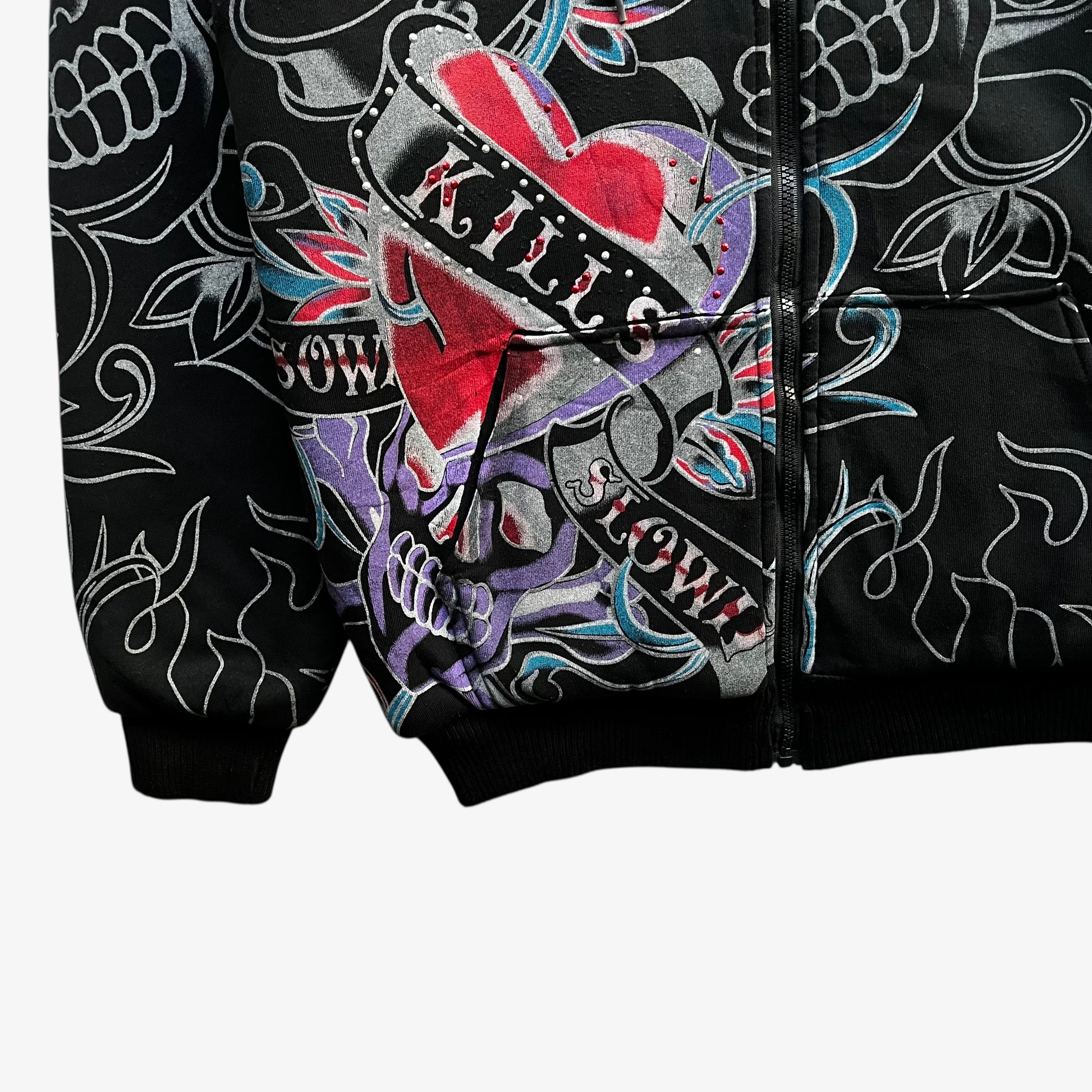 Heart print on vintage Y2K men's Really Point love kills skull double sided black jacket.