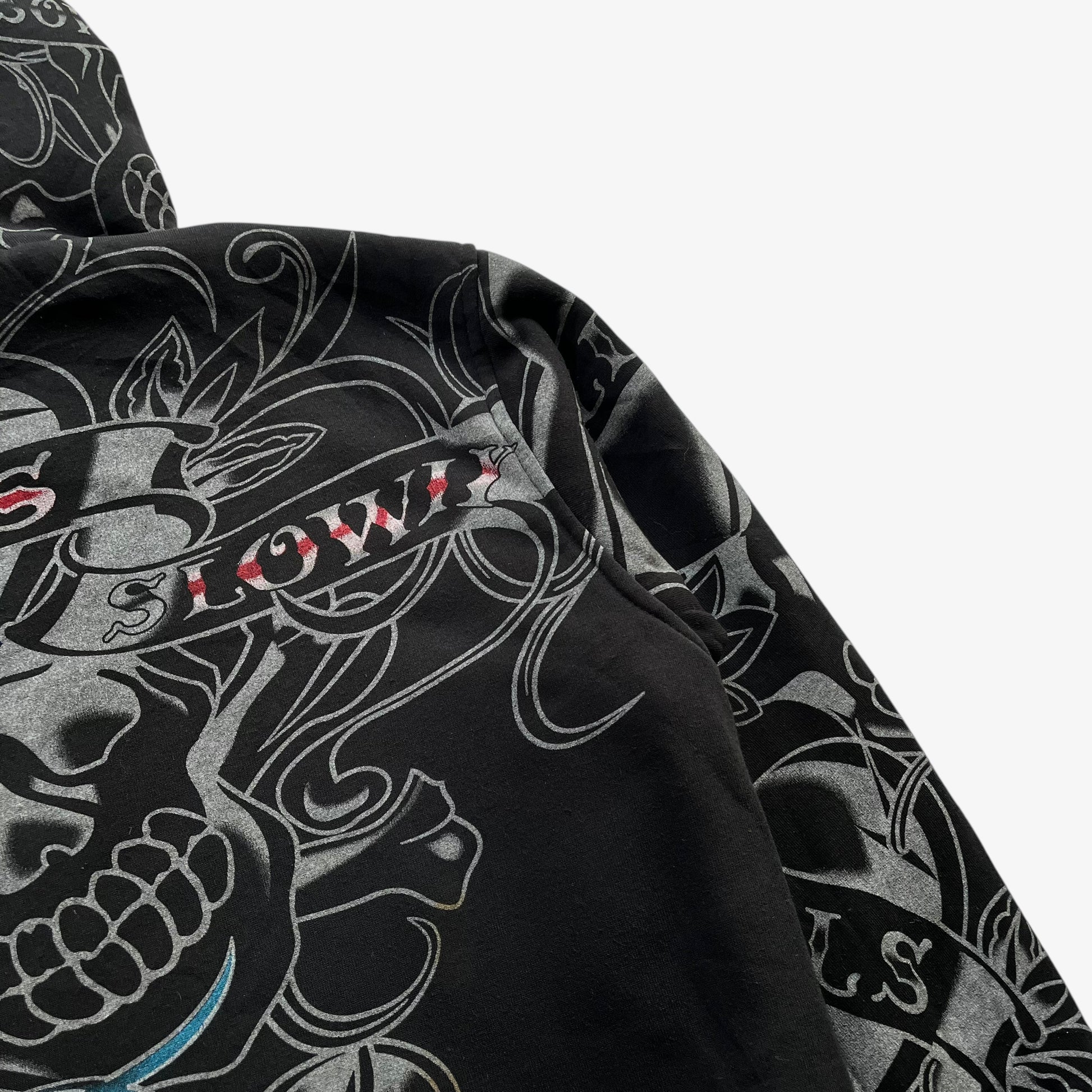 Back pattern of vintage Y2K men's Really Point love kills skull double sided print black jacket.