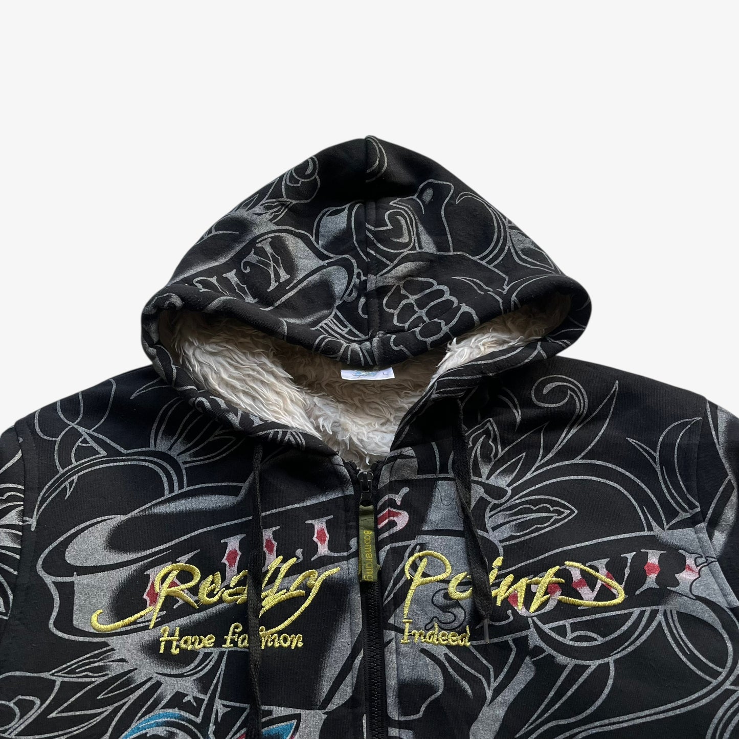 Zipper on vintage Y2K men's Really Point love kills skull double sided print black jacket.