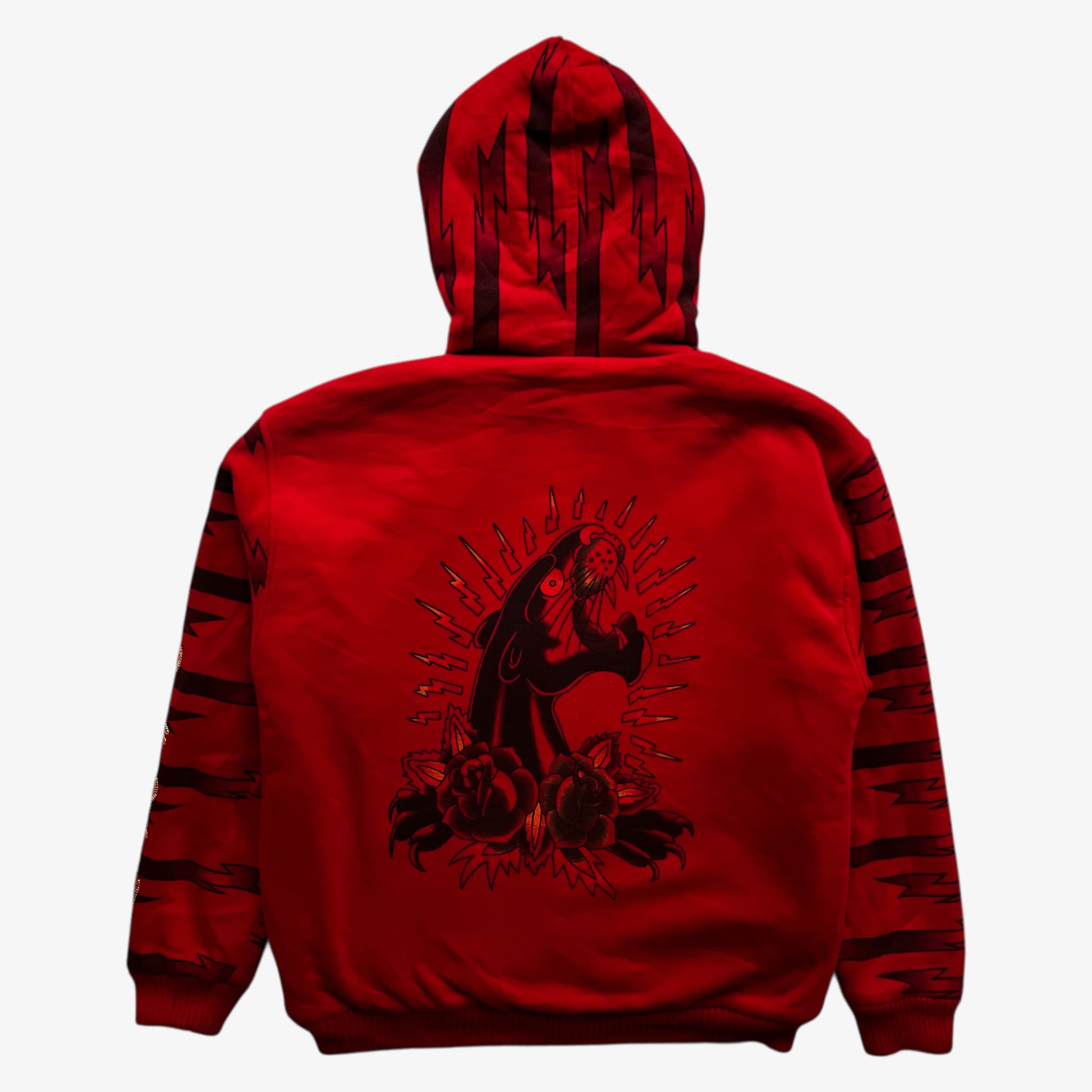 Back of vintage Y2K men's Really Point rhinestone skull and panther double sided print red jacket.