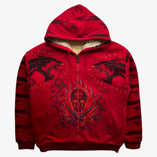 Vintage Y2K men's Really Point rhinestone skull and panther double sided print red jacket.