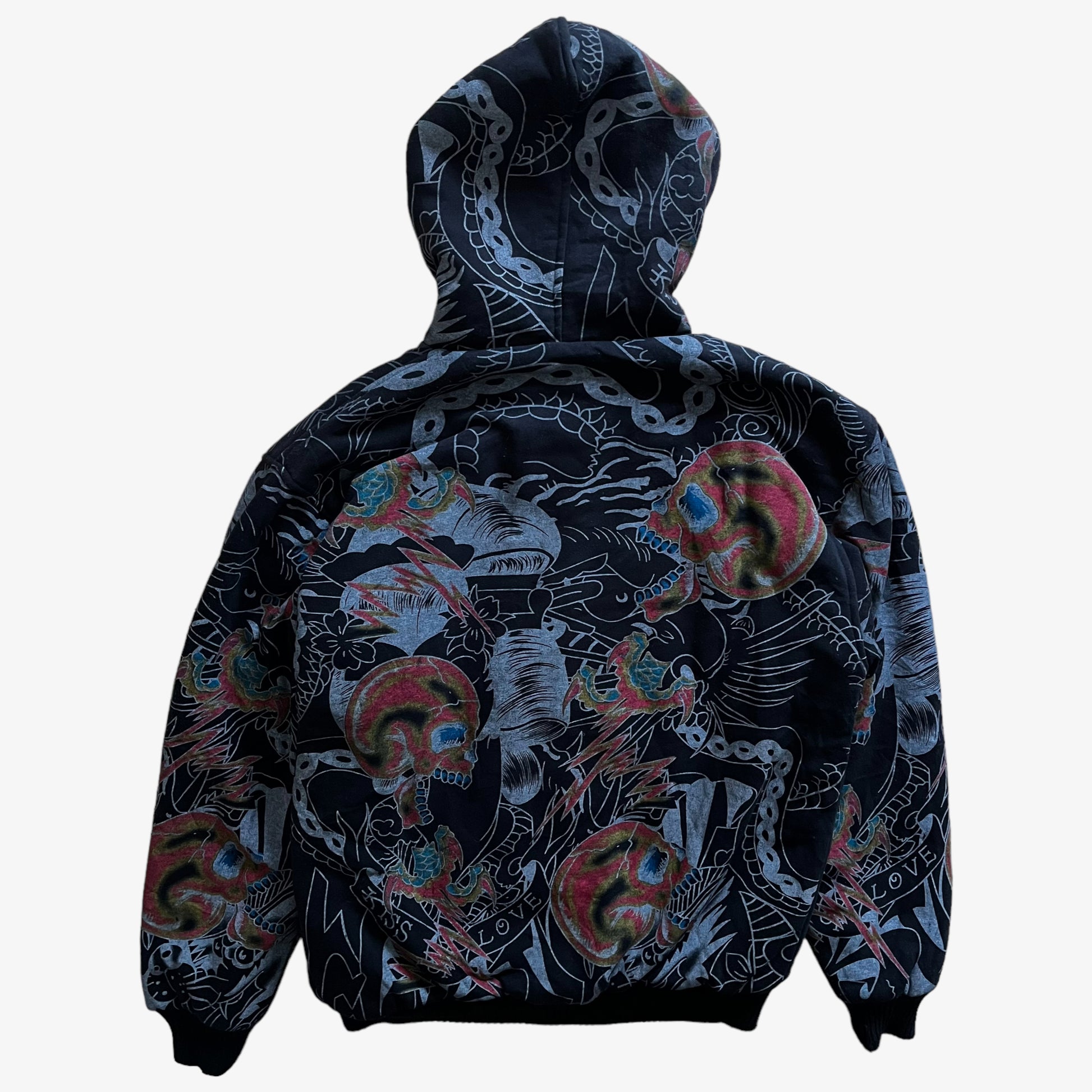 Vintage Y2K Mens Really Point Rhinestone Snake & Skull Print Double Sided Jacket With Sherpa Lining Back - Casspios Dream
