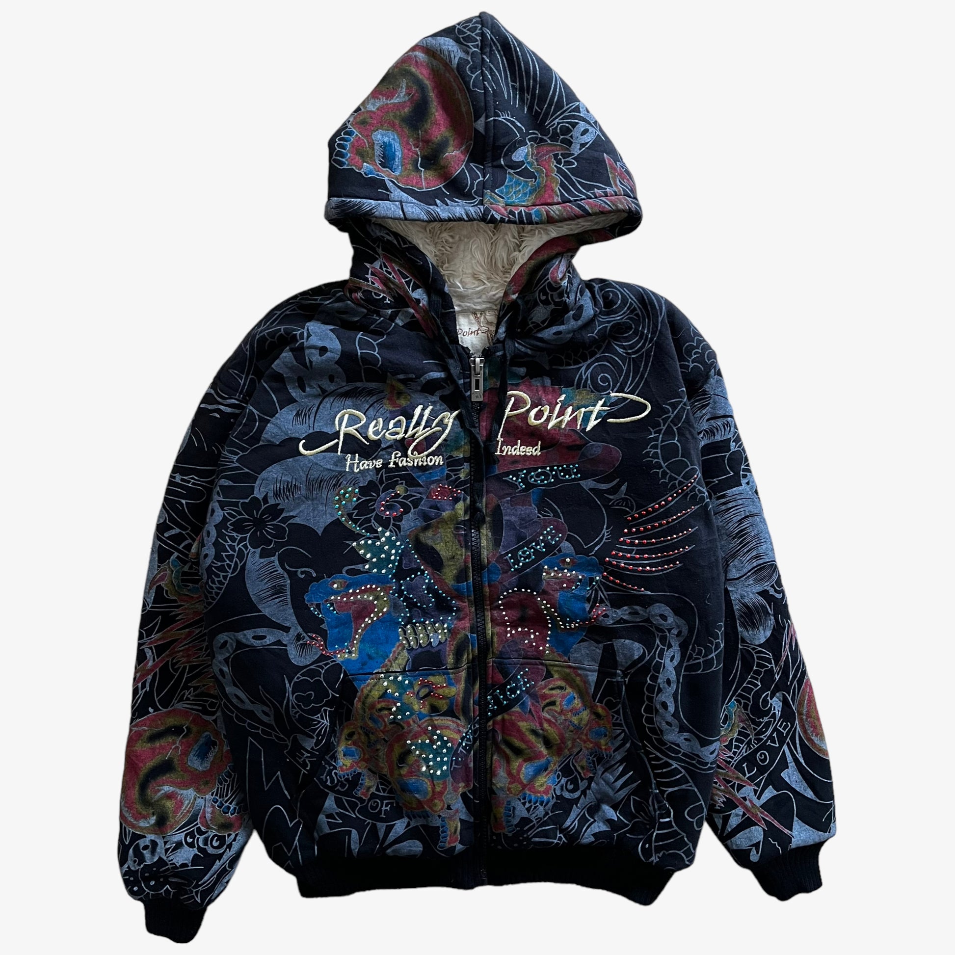 Vintage Y2K Mens Really Point Rhinestone Snake & Skull Print Double Sided Jacket With Sherpa Lining - Casspios Dream