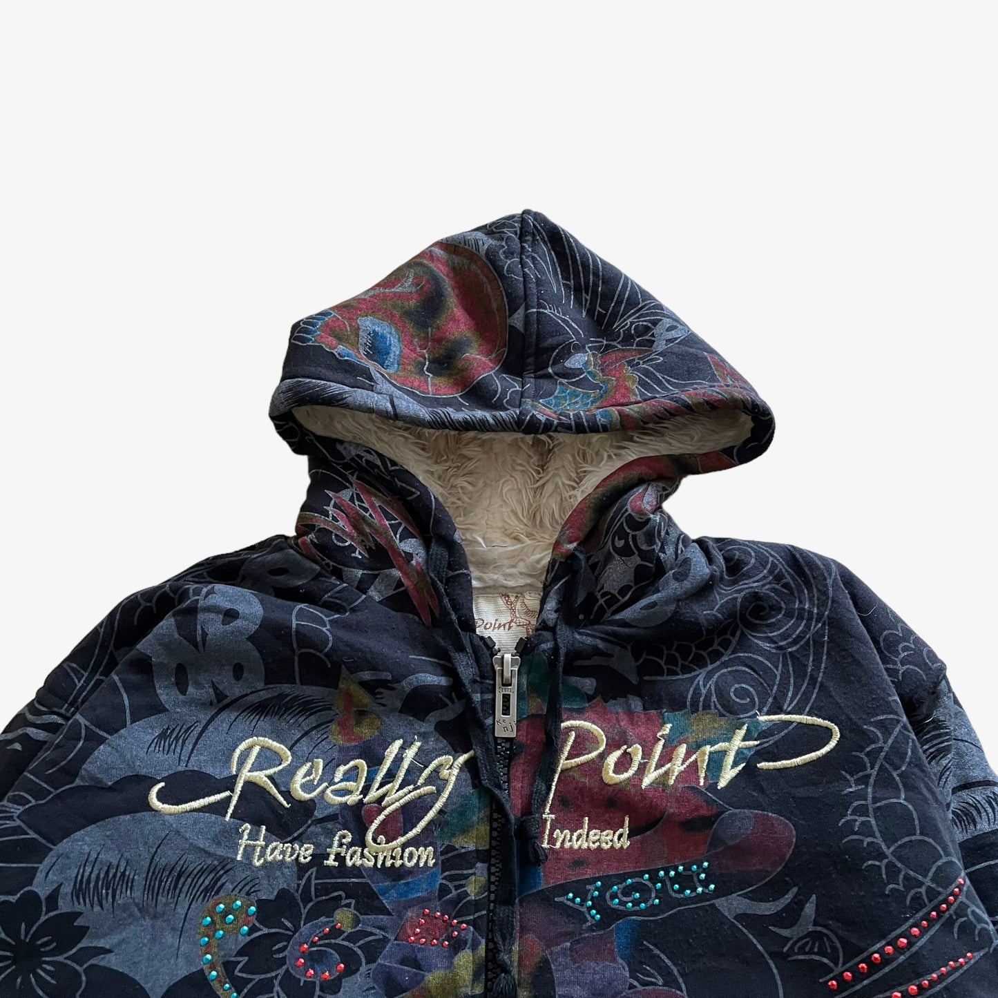 Vintage Y2K Mens Really Point Rhinestone Snake & Skull Print Double Sided Jacket With Sherpa Lining Logo - Casspios Dream