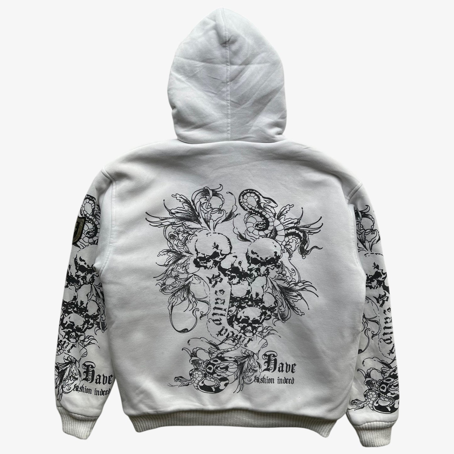 Back of vintage Y2K men's Really Point skull and snake double sided print white hooded jacket with sherpa lining.
