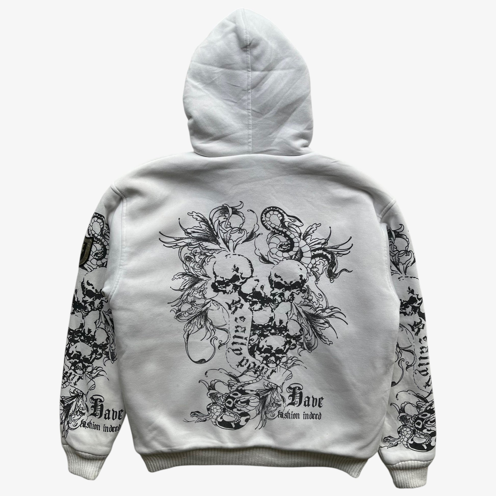Back of vintage Y2K men's Really Point skull and snake double sided print white hooded jacket with sherpa lining.