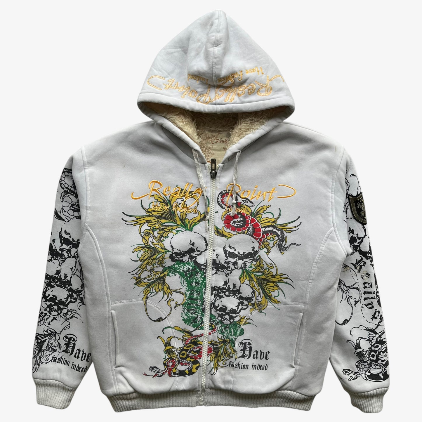 Vintage Y2K men's Really Point skull and snake double sided print white hooded jacket with sherpa lining.
