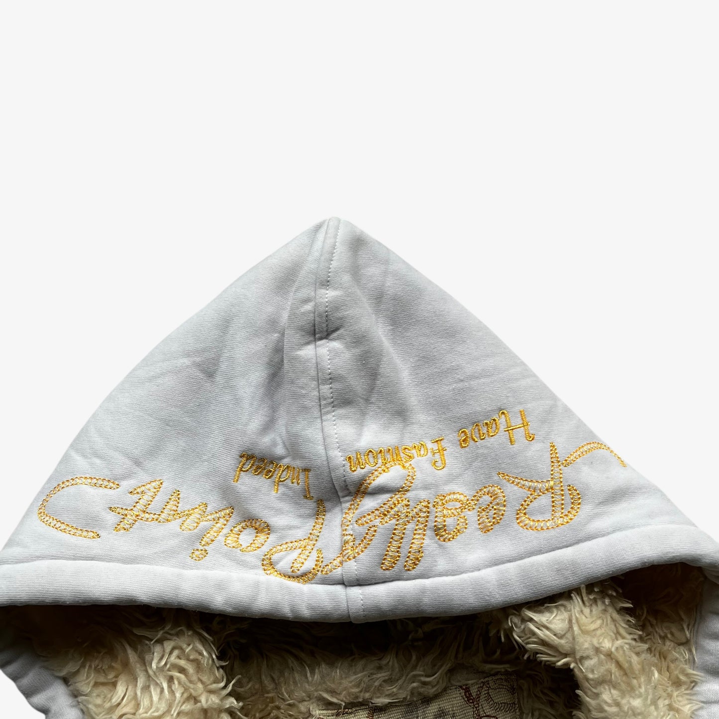 Embroidered spell out on hood of vintage Y2K men's Really Point skull and snake double sided print white jacket with sherpa lining.