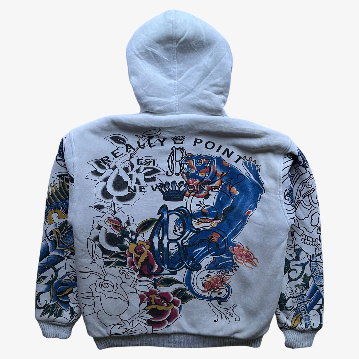 Back of vintage Y2K men's Really Point skull and sword double sided print white jacket.