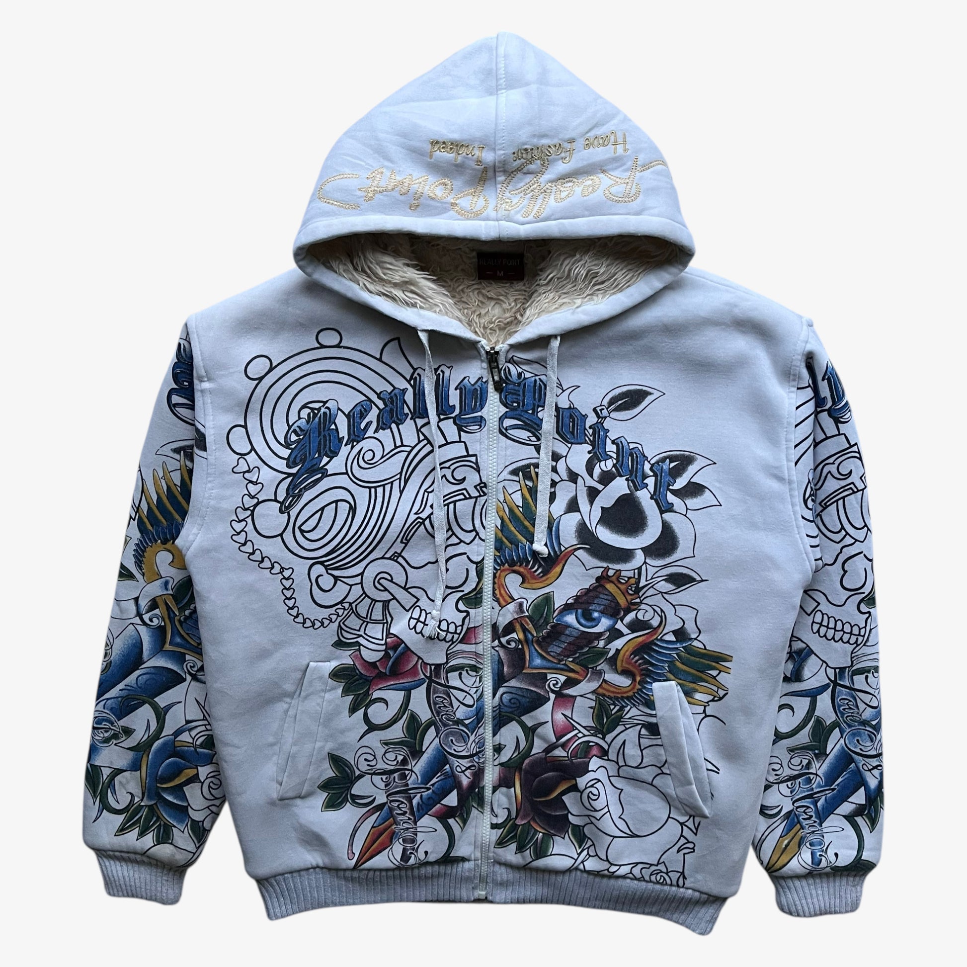 Vintage Y2K men's Really Point skull and sword double sided print white jacket.