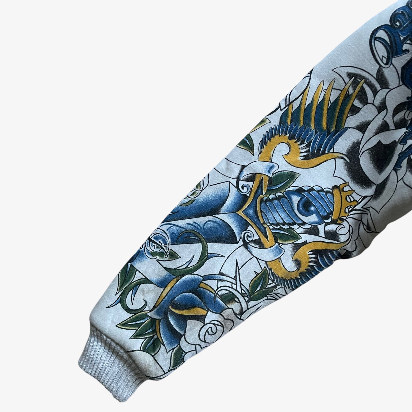 Sword eye pattern on the sleeve of vintage Y2K men's Really Point skull double sided print white jacket.