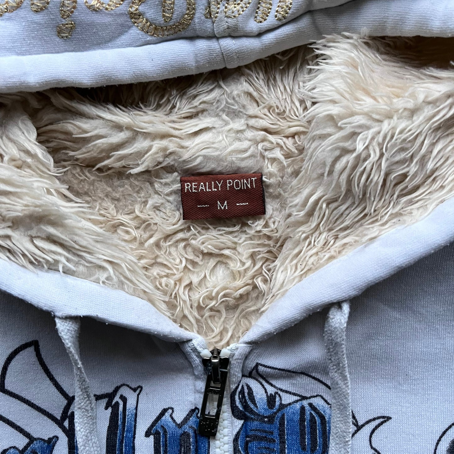 Really Point label of vintage Y2K men's skull and sword double sided print white jacket.