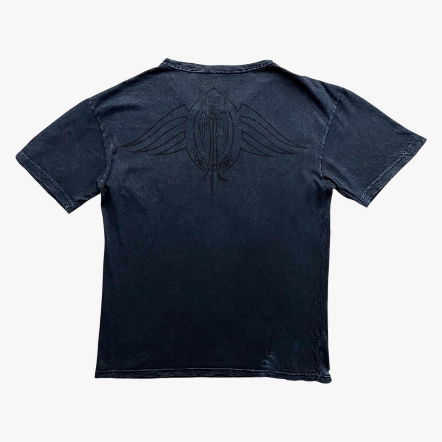 Back of men's vintage Y2K Tapout 3D graphic print faded navy t-shirt on a white background.