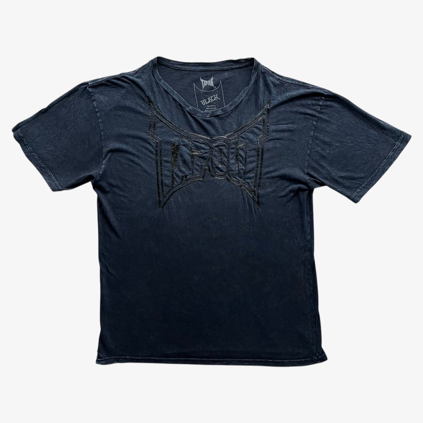Men's vintage Y2K Tapout 3D graphic print faded navy t-shirt on a white background.