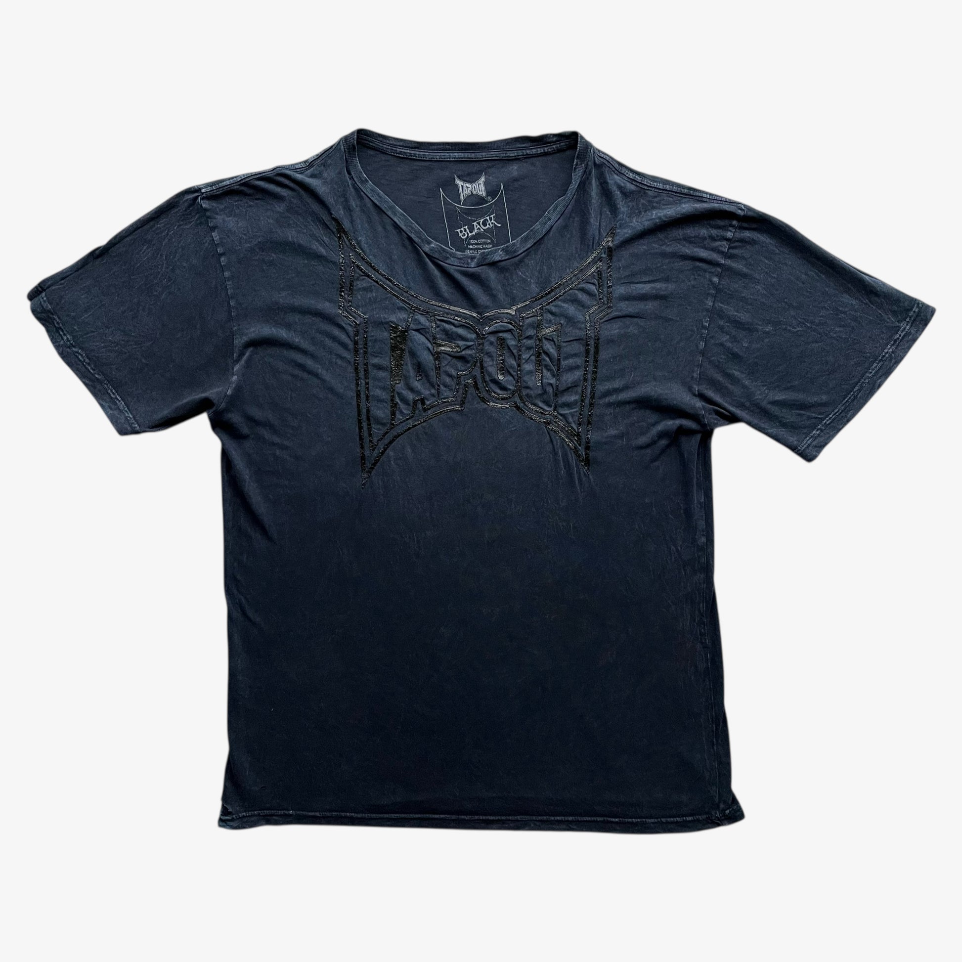Men's vintage Y2K Tapout 3D graphic print faded navy t-shirt on a white background.