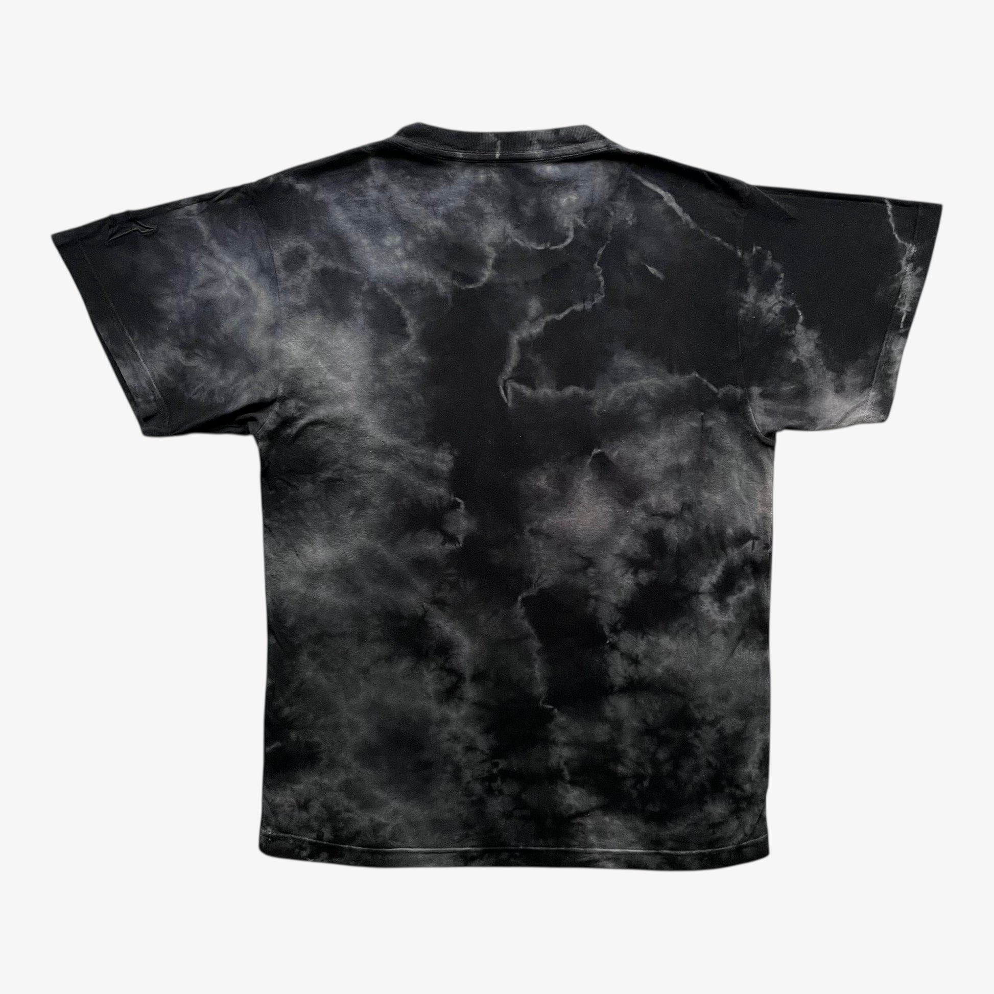 Back of vintage Y2K men's Tapout t-shirt featuring a skull samurai and tie dye print.