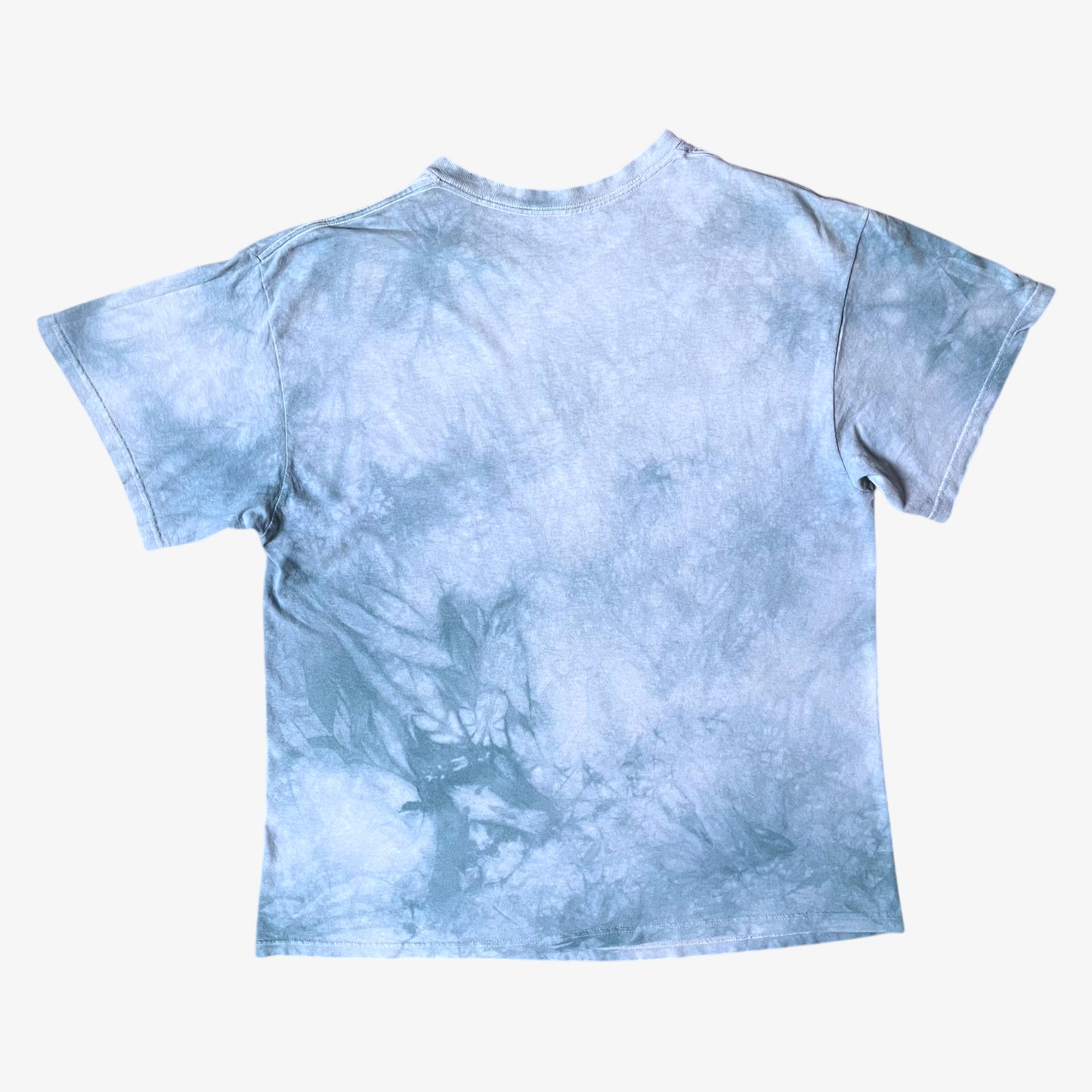 Back of vintage Y2K The Mountain dreams of wolf spirit print blue tie dye t-shirt.