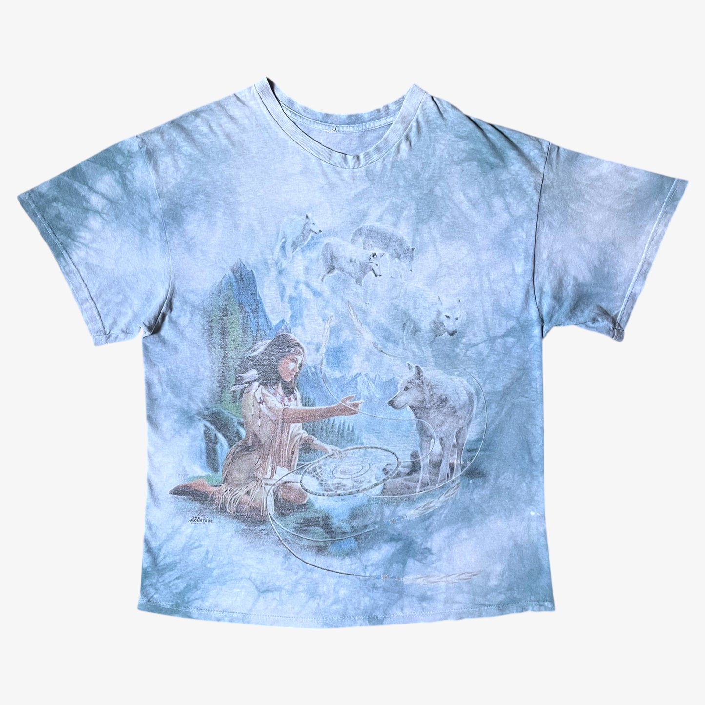 Vintage Y2K The Mountain dreams of wolf spirit print blue tie dye t-shirt.