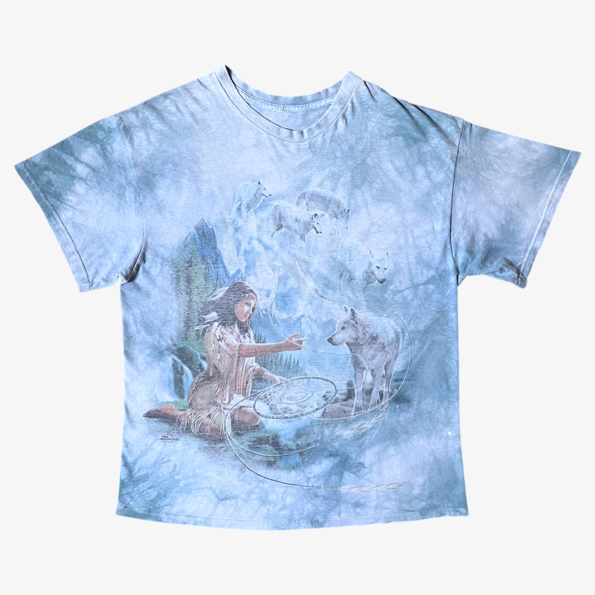 Vintage Y2K The Mountain dreams of wolf spirit print blue tie dye t-shirt.