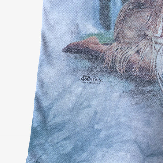 Printed 2001 logo on vintage Y2K The Mountain dreams of wolf spirit blue tie dye t-shirt.