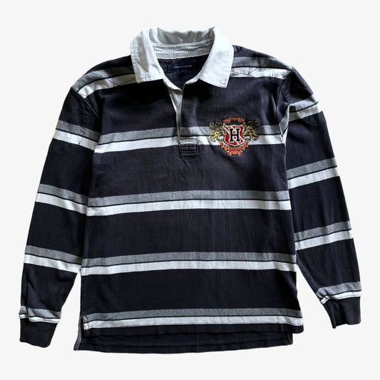 Vintage Y2K Mens Tommy Hilfiger Navy And White Striped Rugby Shirt With Embroidered Crest - Casspios Dream