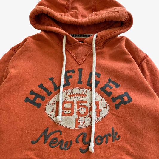 Vintage Y2K Mens Tommy Hilfiger New York 1954 Orange Hoodie Spell Out - Casspios Dream