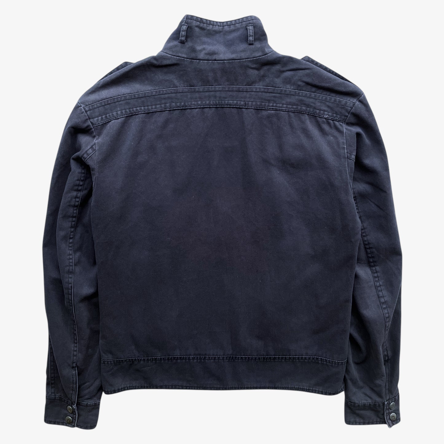 Back of vintage Y2K men's US Army 3D E87 faded navy utility jacket.