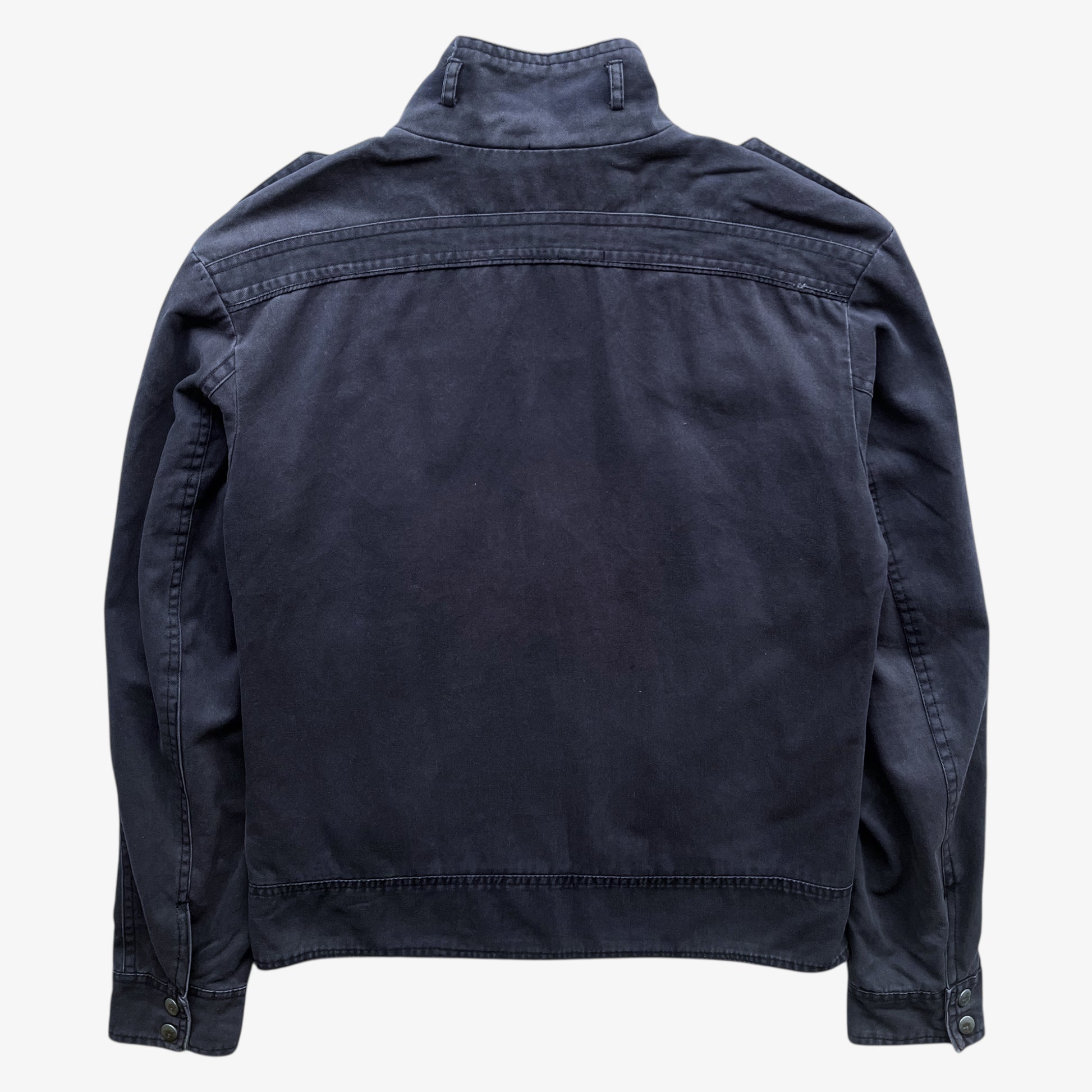 Back of vintage Y2K men's US Army 3D E87 faded navy utility jacket.