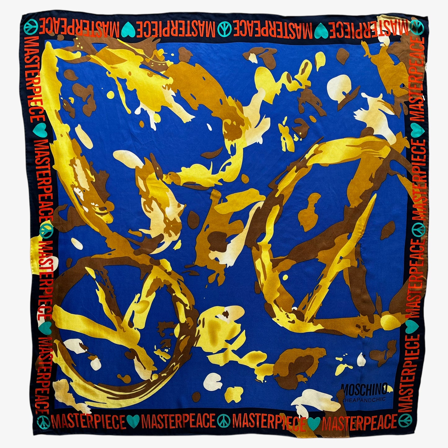 Women's vintage Y2K Moschino abstract master peace sign and heart oil painting print blue silk scarf.