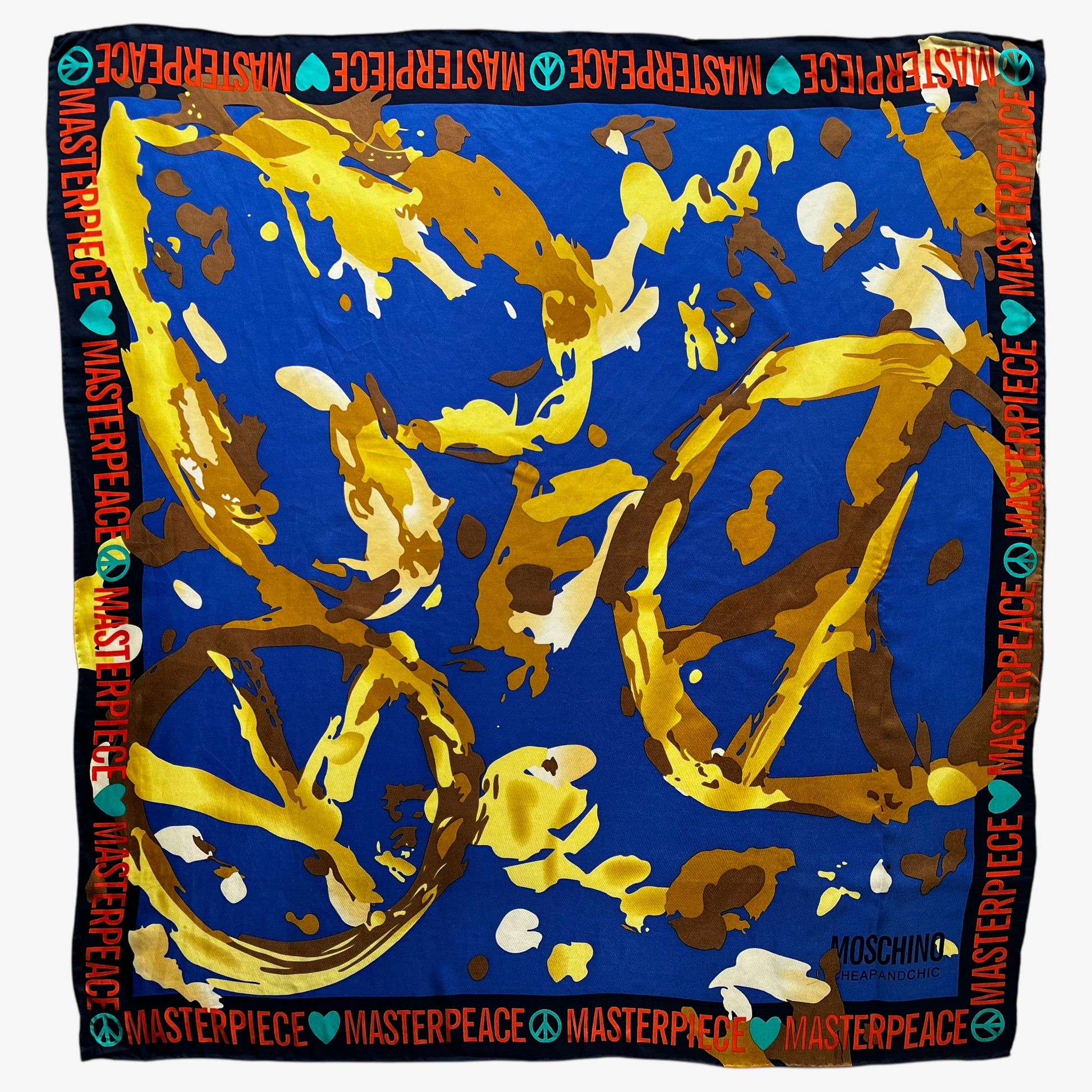 Women's vintage Y2K Moschino abstract master peace sign and heart oil painting print blue silk scarf.