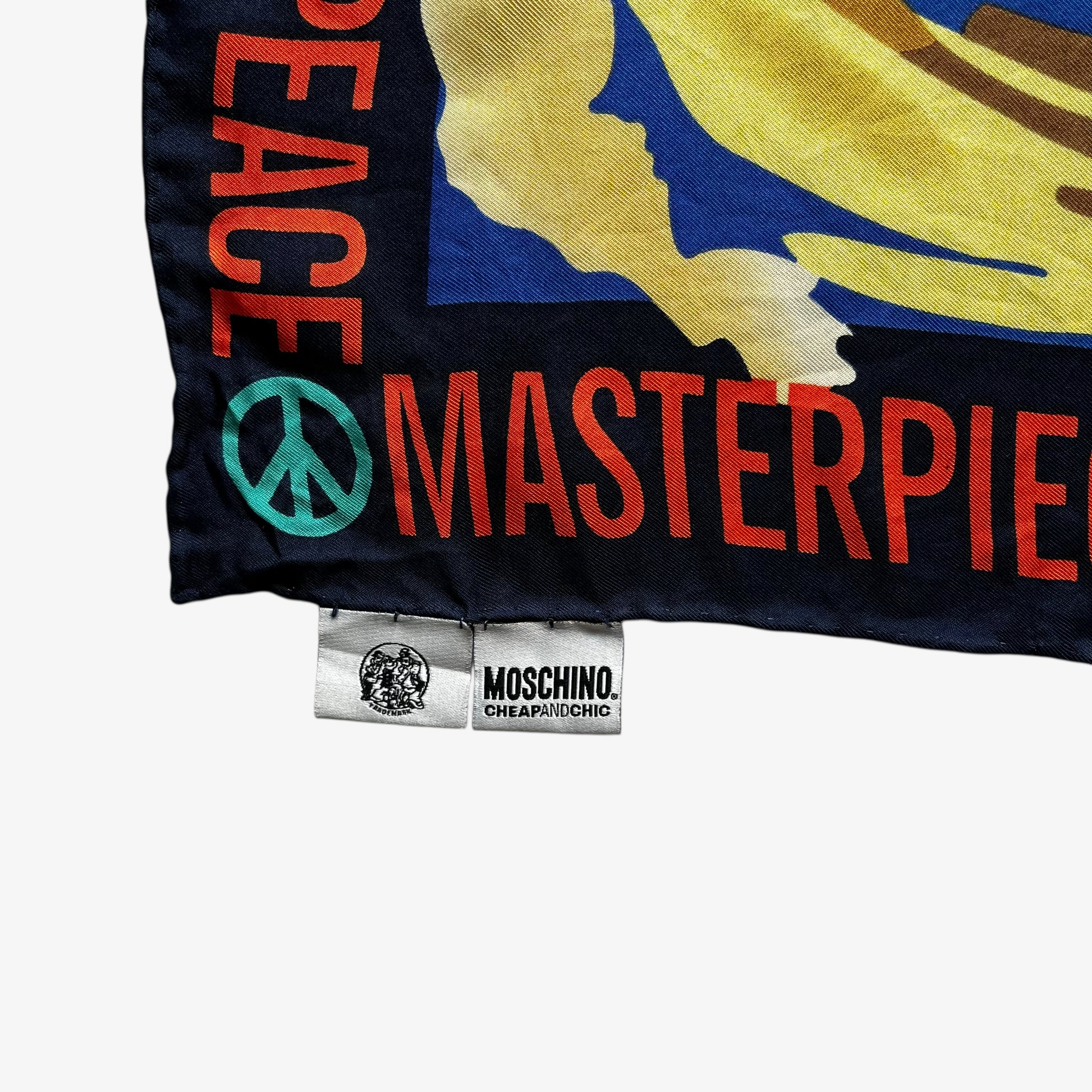 Moschino cheap and chic label on women's vintage Y2K abstract master peace sign and heart oil painting print blue silk scarf.