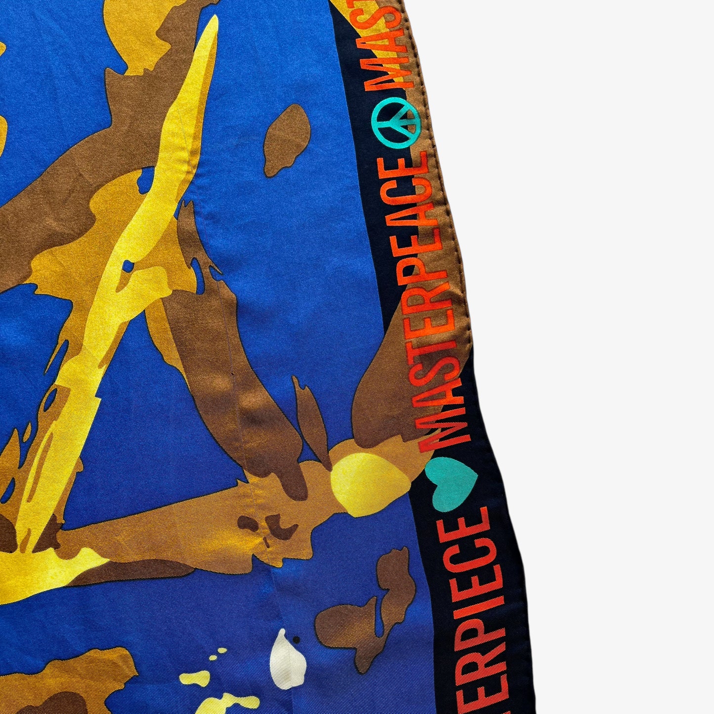 Masterpiece spell out on women's vintage Y2K Moschino abstract master peace sign and heart oil painting print blue silk scarf.