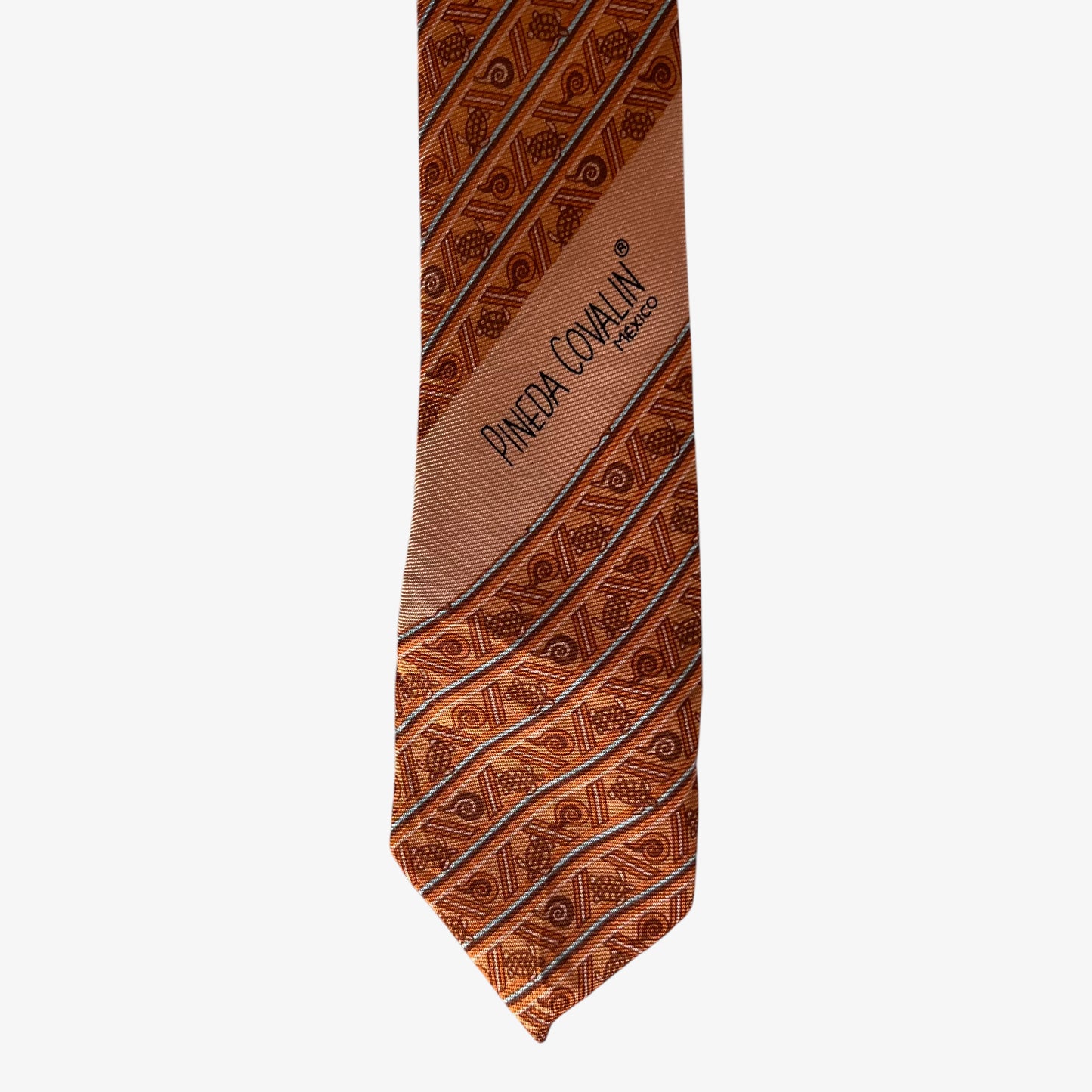 Vintage Y2K Pineda Covalin Cacaxtla Geometric Turtle Print Orange Silk Tie Logo - Casspios Dream
