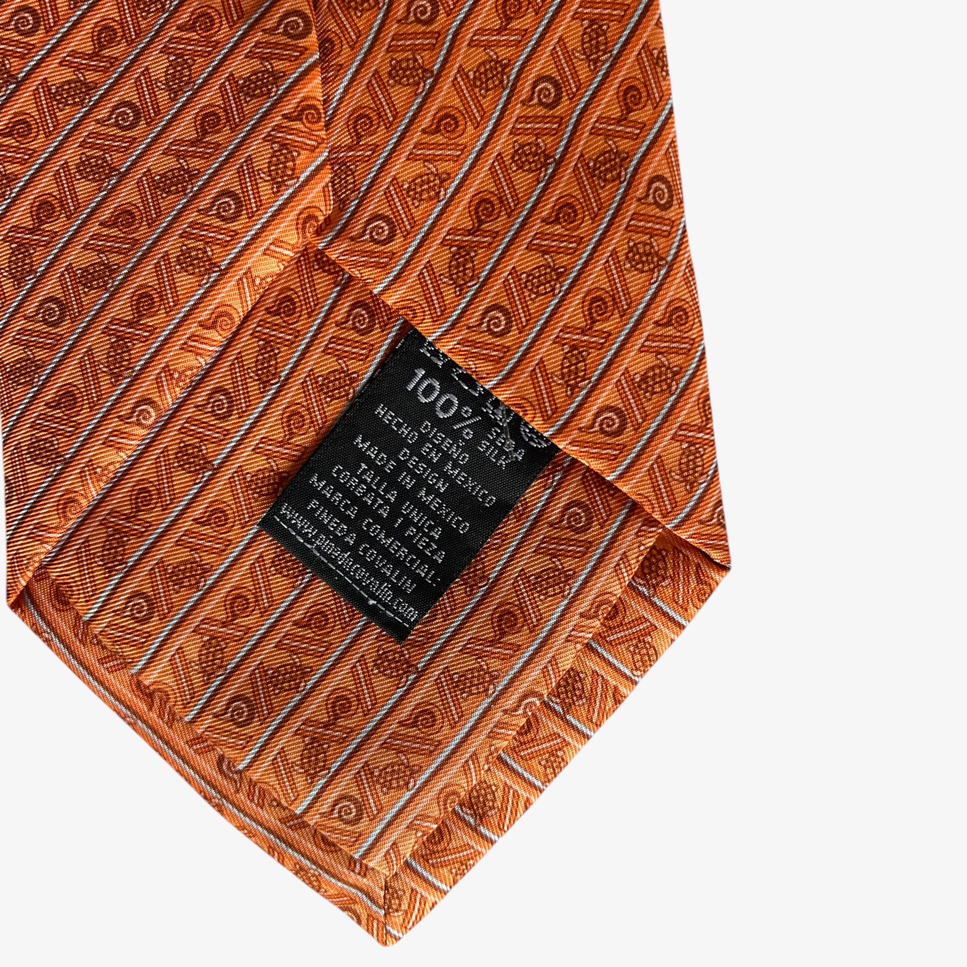 Vintage Y2K Pineda Covalin Cacaxtla Geometric Turtle Print Orange Silk Tie Made In Mexico - Casspios Dream
