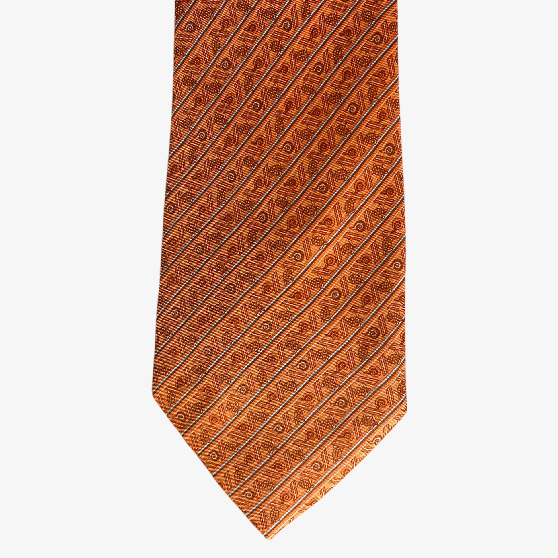 Vintage Y2K Pineda Covalin Cacaxtla Geometric Turtle Print Orange Silk Tie Shell - Casspios Dream
