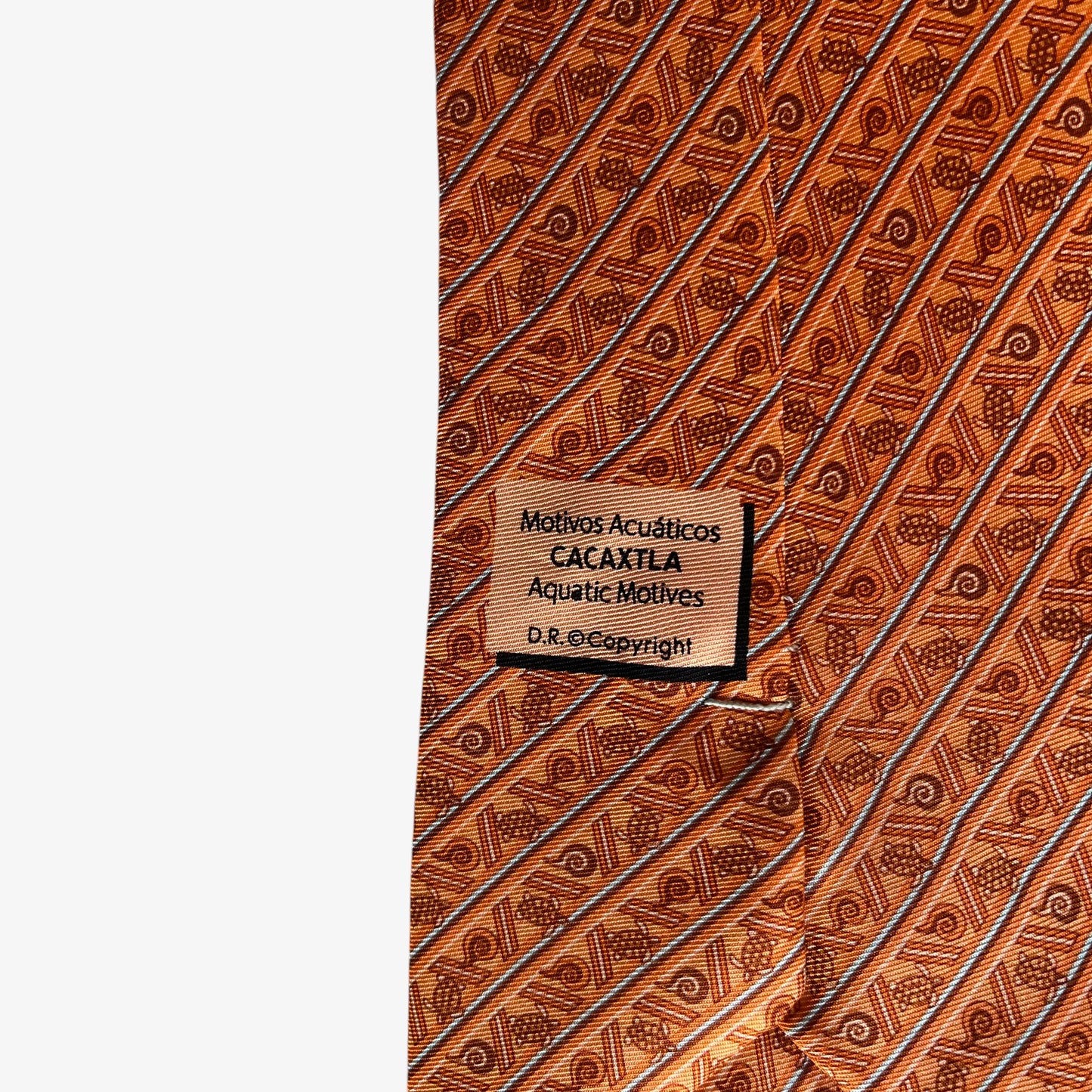 Vintage Y2K Pineda Covalin Cacaxtla Geometric Turtle Print Orange Silk Tie Tag - Casspios Dream