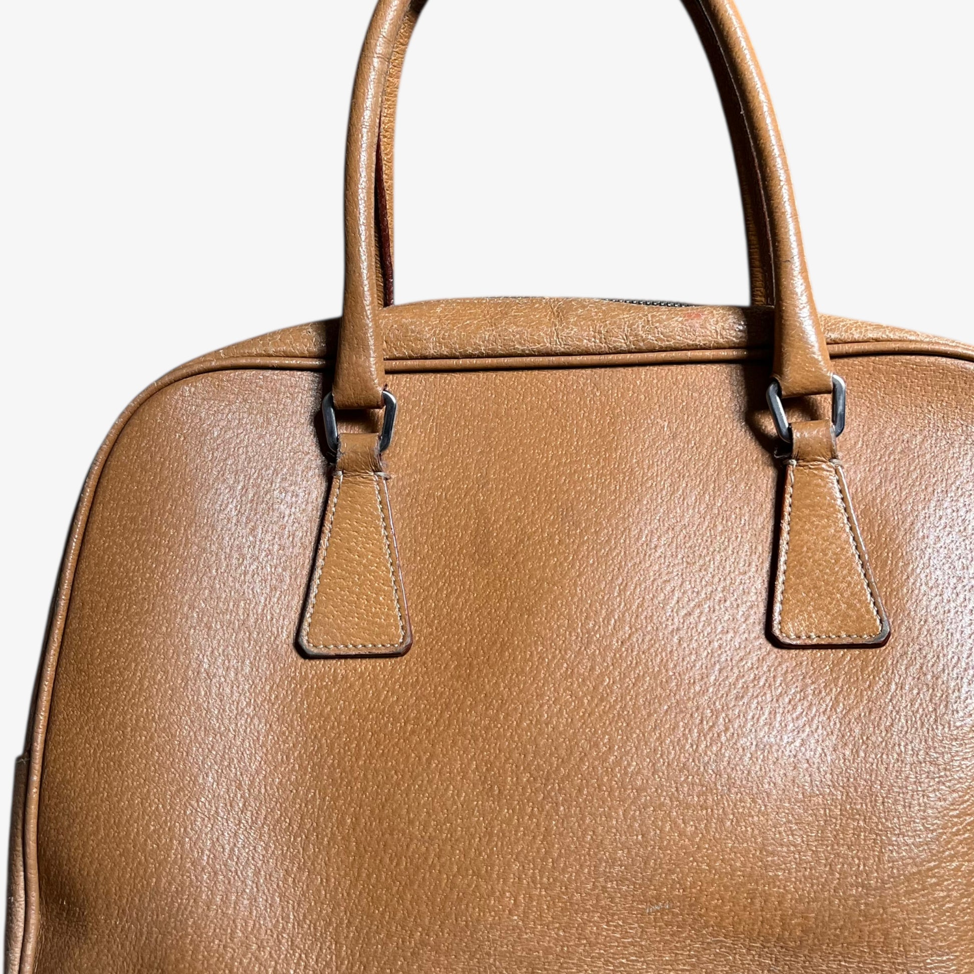 Patina on vintage Y2K Prada Cinghiale sport brown leather Bauletto shoulder bag.