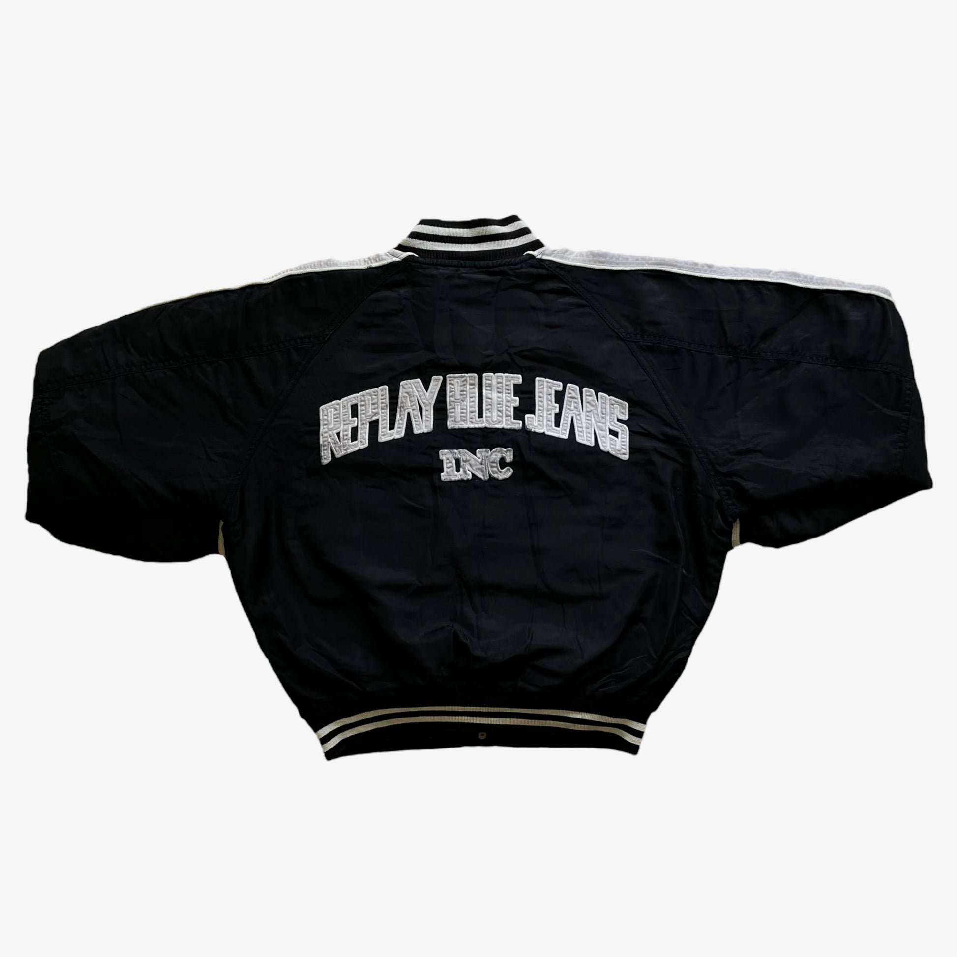 Vintage Y2K Replay Blue Jeans Black Bomber Jacket Back - Casspio's Dream