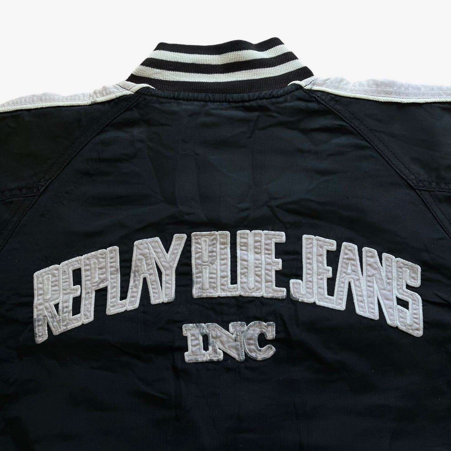 Vintage Y2K Replay Blue Jeans Black Bomber Jacket Back Logo - Casspio's Dream