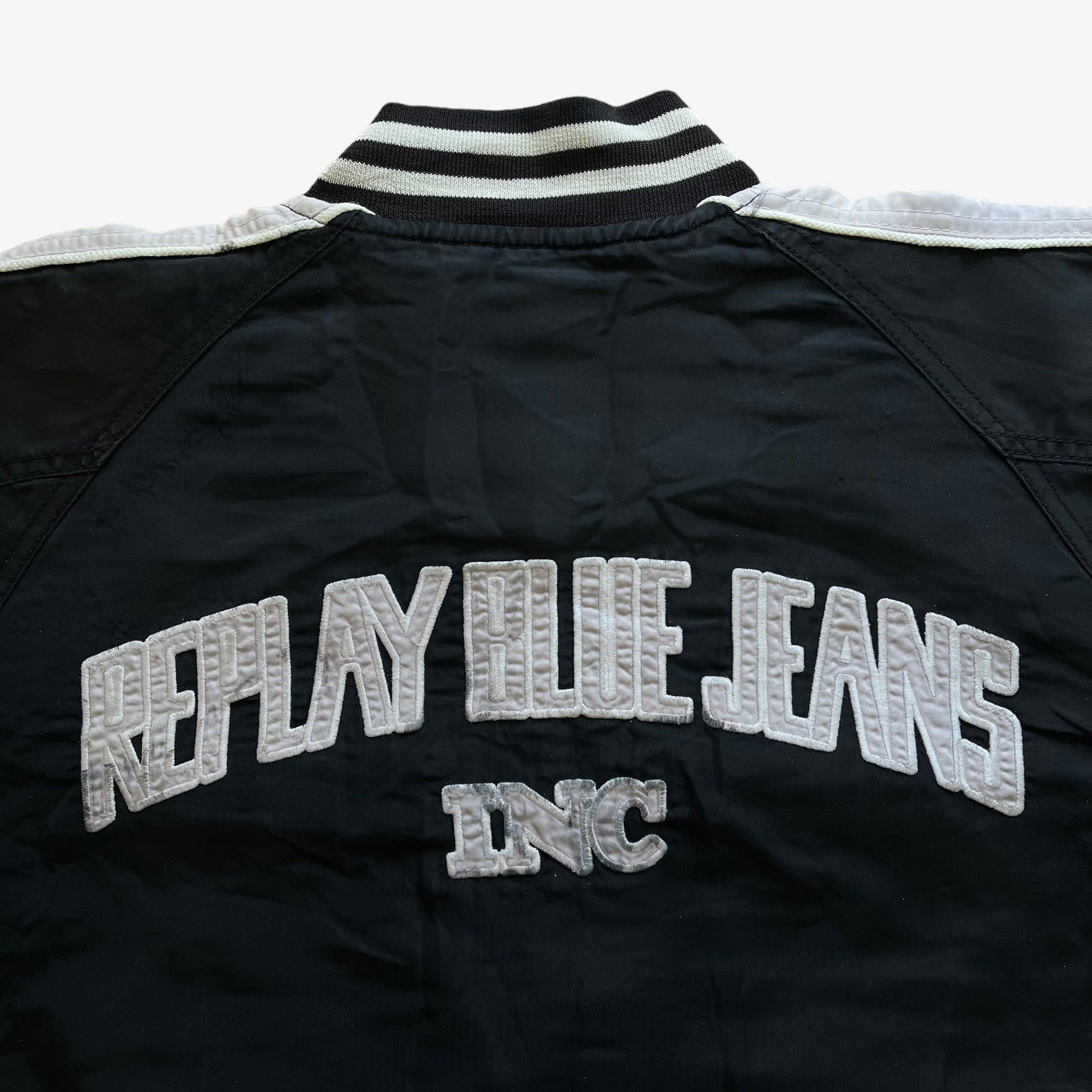 Vintage Y2K Replay Blue Jeans Black Bomber Jacket Back Logo - Casspio's Dream