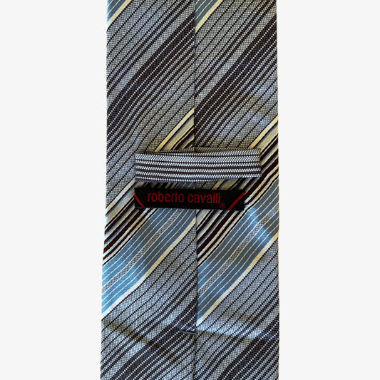 Vintage Y2K Roberto Cavalli Blue Striped Silk Tie Label - Casspio's Dream Vintage
