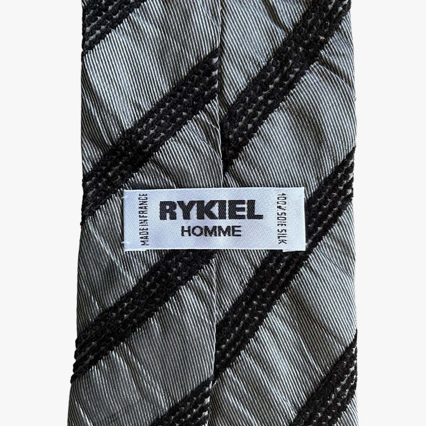 Label of vntage Y2K Sonia Rykiel homme grey striped silk tie.