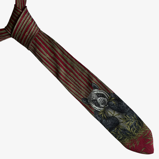 Vintage Y2K Van Heusen 2000 Marc Dennis Panda And Bamboo Shoot Stripped Print Red Slim Polyester Tie - Casspios Dream
